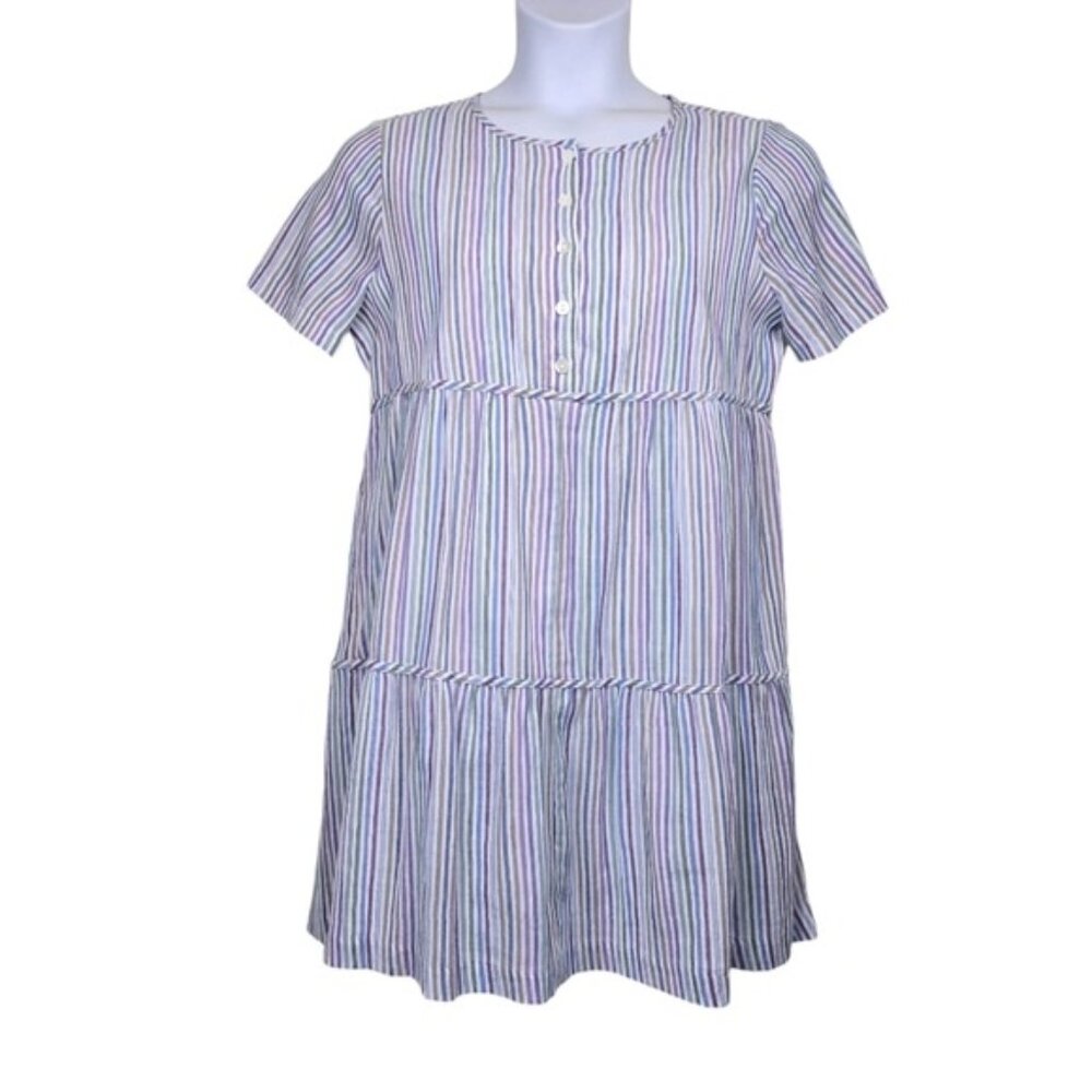 Madewell Womens Rainbow Striped Crewneck Button Front Tiered Mini Dress Size M